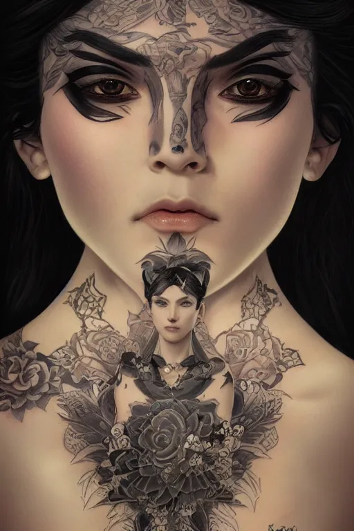 Image similar to portrait of goth yakuza girl tattoos, piercing, intricate, elegant, highly detailed, digital painting, artstation, concept art, smooth, sharp focus, illustration, art by artgerm and greg rutkowski and alphonse mucha and william-adolphe bouguereau