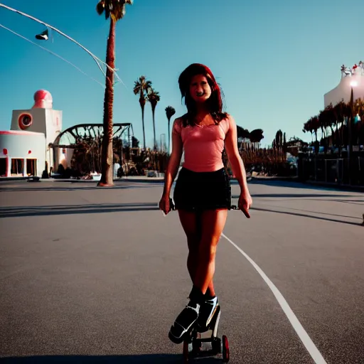 Image similar to a roller skater in a cinematic shot in santa monica, mid - afternoon, canon eos c 3 0 0, ƒ 1. 8, 3 5 mm, 8 k, medium - format print, inspired by roger deakins cinematography