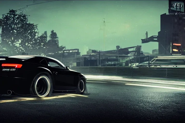 Prompt: widebody all black audi camaro b 8 ( 2 0 1 3 ), need for speed : carbon, at night, sci - fi, neon lines, phonk music background, smoke behind wheels, noise, dark, establishing shot, by simon stalenhag