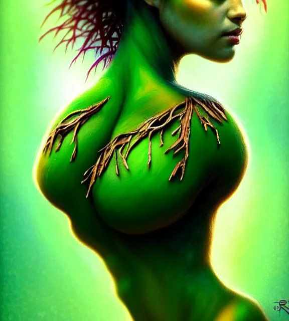 Prompt: beautiful female tree with bark skin wearing green leaf halter top, perfect face, dark green leaf hair, with abs, cinematic, blush, stunning, elegant, highly detailed, psychedelic, digital painting, artstation, smooth, hard focus, illustration, art by jessica rossier and and brian froud