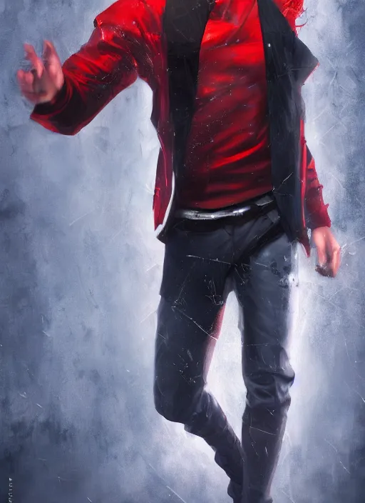 Image similar to An epic fantasy comic book style portrait painting of a young man with black and red cowlick undercut haircut, wearing a red shirt, black overcoat, blue jeans. Unreal 5, DAZ, hyperrealistic, octane render, cosplay, RPG portrait, dynamic lighting