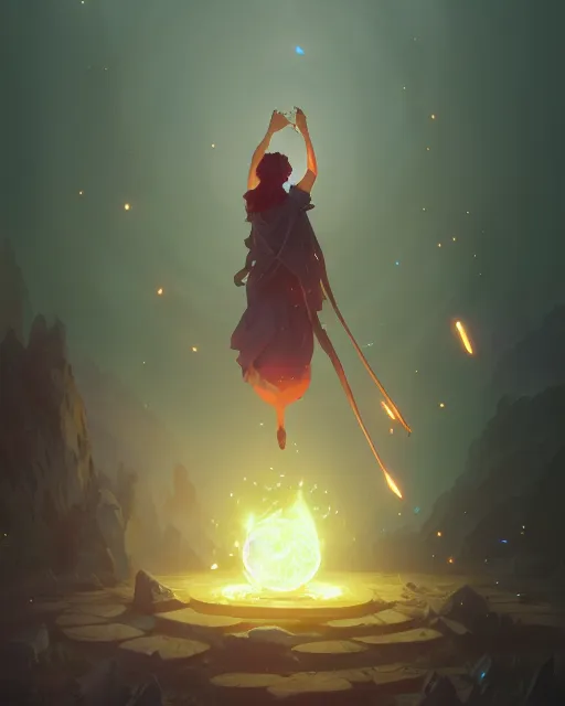 Image similar to highly detailed vfx portrait of a mage casting a earth spell, unreal engine, greg rutkowski, loish, rhads, beeple, makoto shinkai and lois van baarle, ilya kuvshinov, rossdraws, tom bagshaw, alphonse mucha, global illumination, detailed and intricate environment