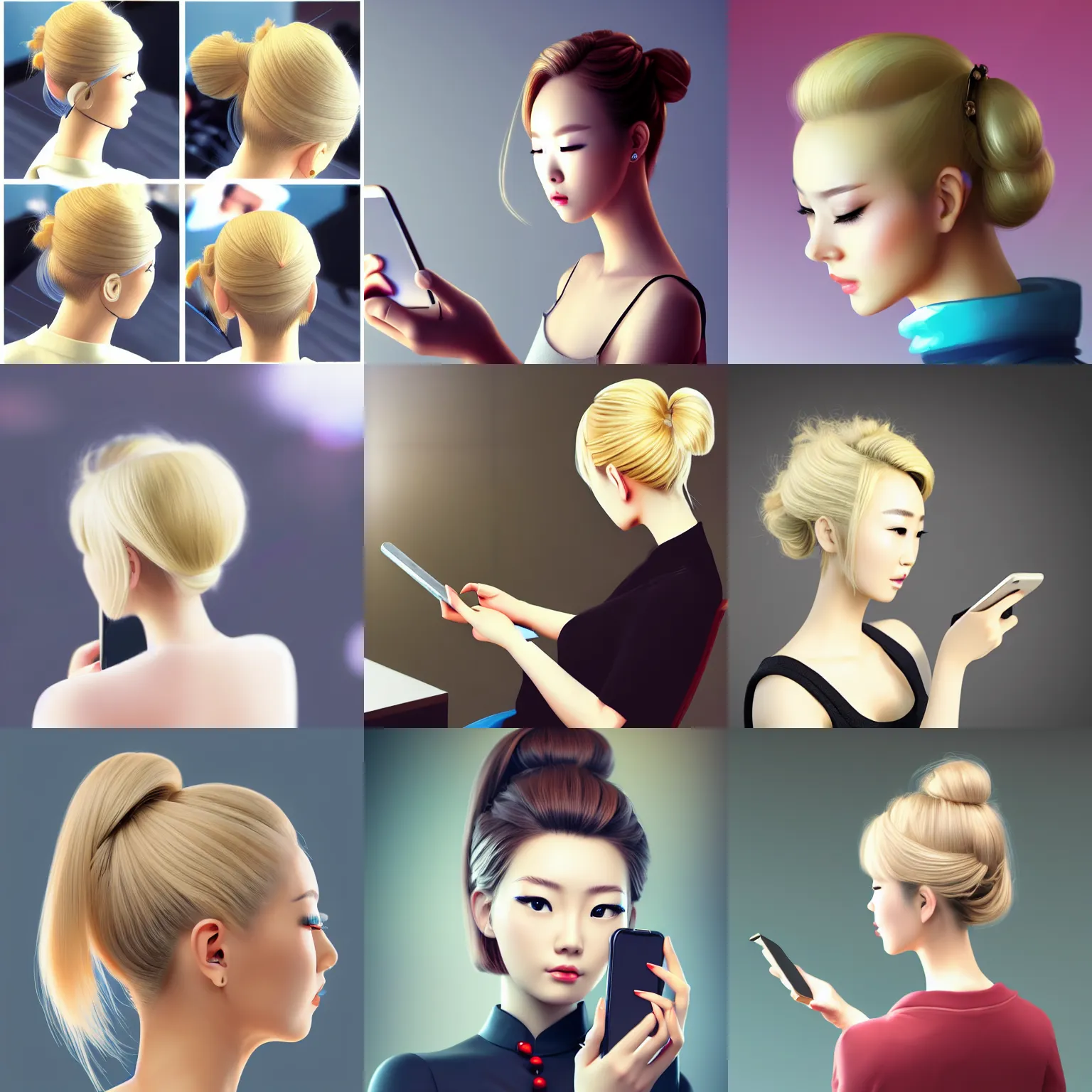 Prompt: blonde updo chinese beauty on the mobile phone facing the computer, overhead view, bokeh, artstation