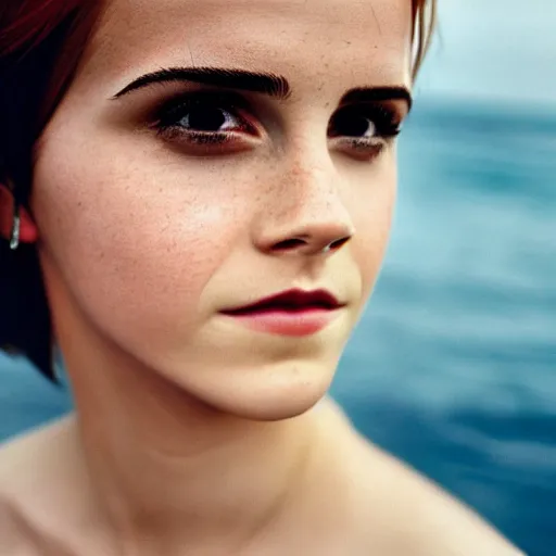 Image similar to headshot of Emma Watson cosplaying as Nami from One Piece standing on a beach, cosplay, close up, photo by Sarah Moon