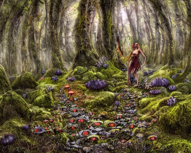 Image similar to fae queen walks through fungal landscape, weta hdr