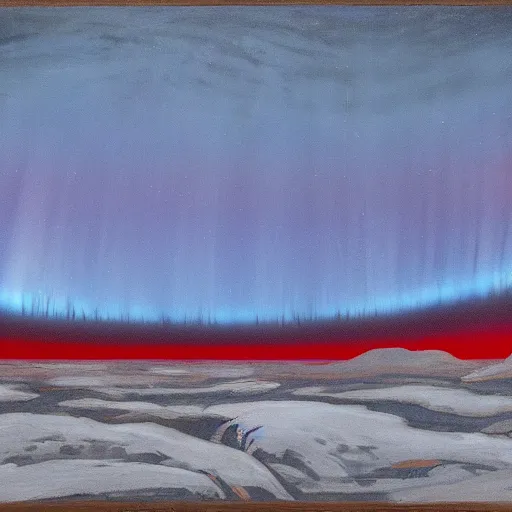 Image similar to the epic abstract painting'blue arctic void with black and red aurora borealis above a large herd of tiny walruses ', by caspar david friedrich!!!, by rothko!!!, stunning masterpiece, trending on artstation