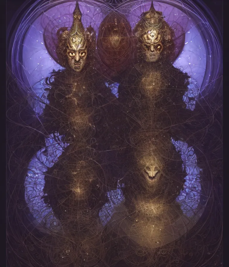 Image similar to front shot of a court jester character, hyperdimensional, bioluminescent hypercubes, dark holography!!!, (((intricate))), elegant, highly detailed, centered, (((artstation, concept art, smooth, sharp focus, artgerm, Tomasz Alen Kopera, Peter Mohrbacher, donato giancola, Joseph Christian Leyendecker, WLOP, Boris Vallejo))), mugshot!!!!!, ugly!!!!!!, octane render, nvidia raytracing demo, octane render, nvidia raytracing demo, octane render, nvidia raytracing demo, grainy, muted, 8K, digitalblasphemy, metatron