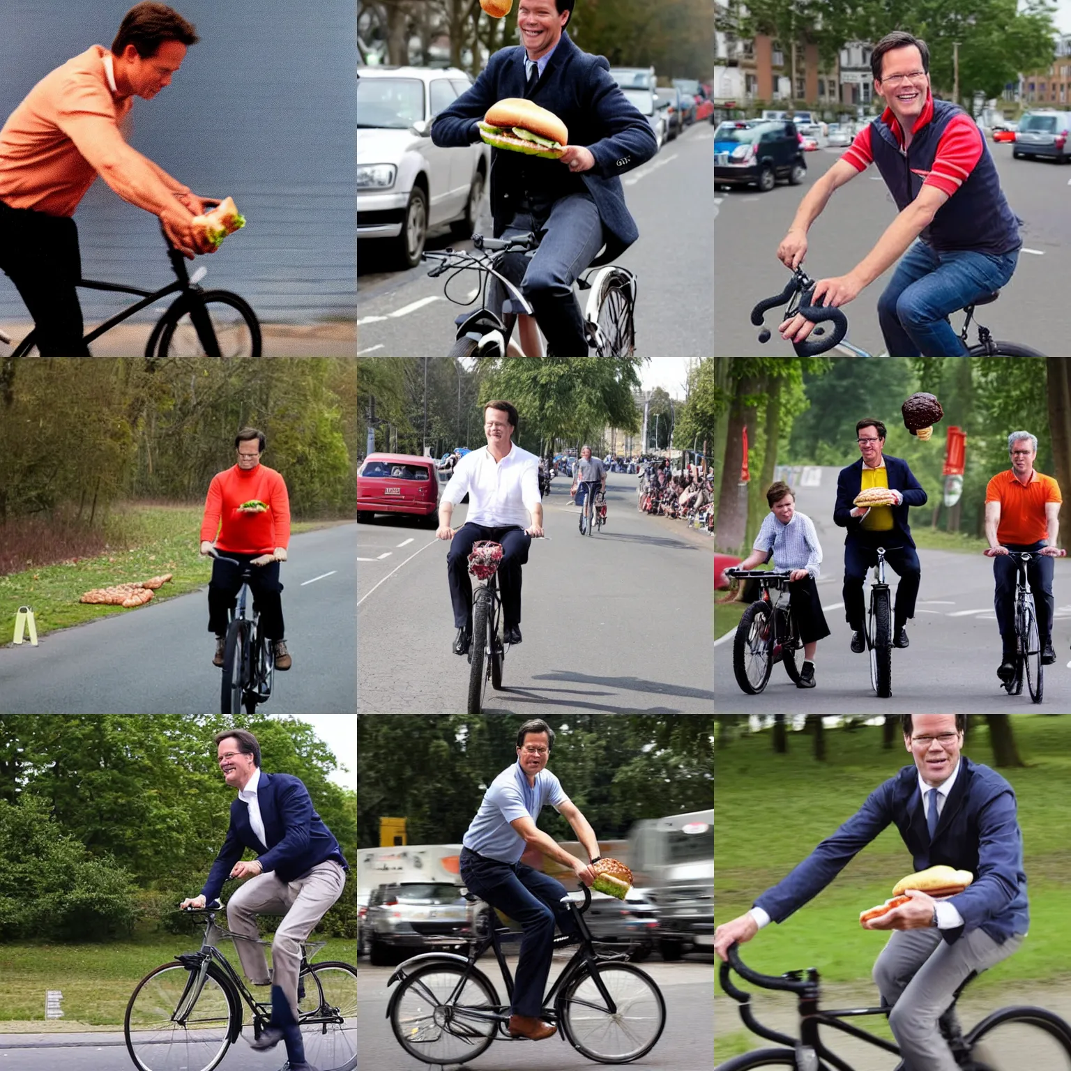 Prompt: Photograph of Mark Rutte riding his bicycle, holding a hamburger in his right hand