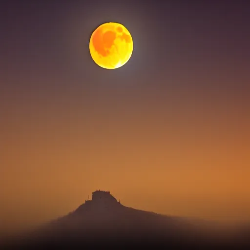 Prompt: Night photography of a misty mountain with a radio tower on top, and a yellow moon directly behind it. Lens compression