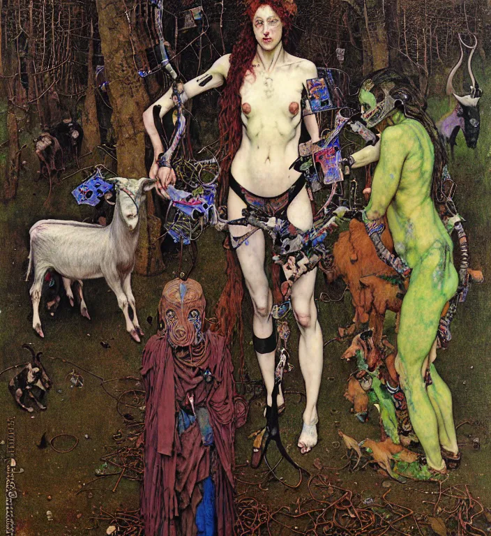 Image similar to pixelated corrupted professional pre-raphaelite defined colours 4k uncropped photo of a fully clothed punk person in the cyberpunk forest with a goat and a robot by Austin Osman Spare, Norman Rockwell, high quality, ultra detailed. Beksinski painting, part by Adrian Ghenie and Gerhard Richter. art by Takato Yamamoto. masterpiece, oil on canvas painting, pixelart, vivid acid neon colours. Futurism by beksinski carl spitzweg moebius and tuomas korpi. baroque elements. baroque element. intricate artwork by caravaggio. Oil painting. Trending on artstation. 8k