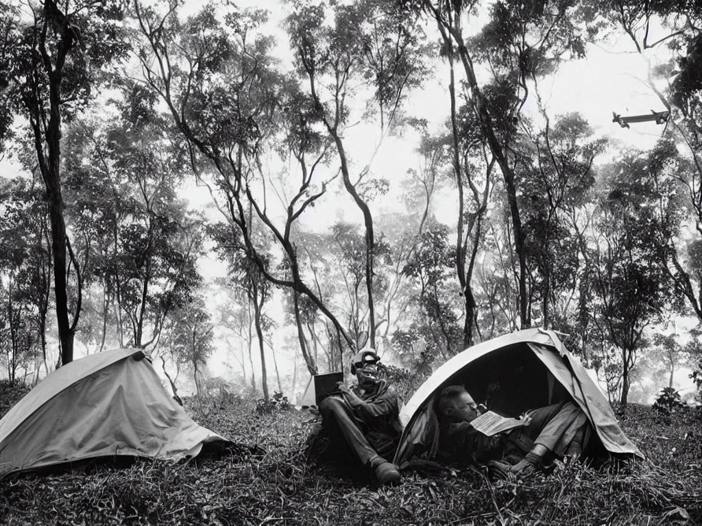 Prompt: man with eye glasses reading in a tent in the forest. plane in the sky far away. artwork by sebastiao salgado