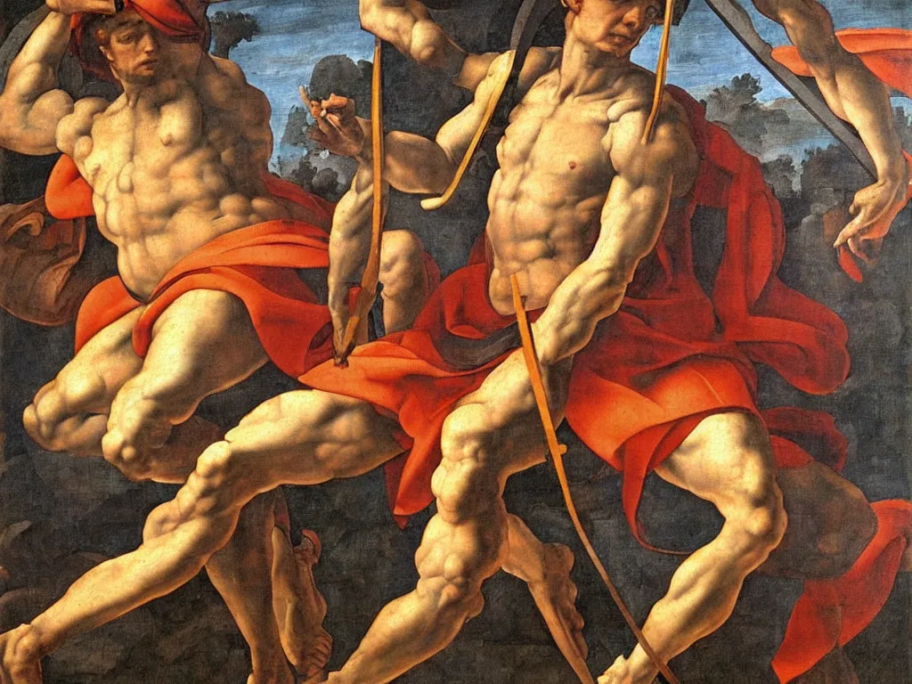 Prompt: A man with a lance by Michelangelo, mythological painting, oil painting