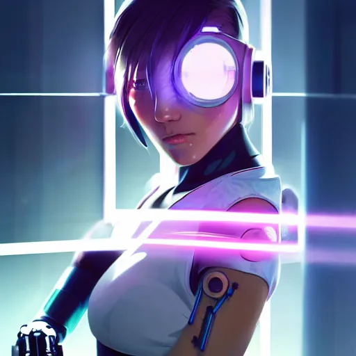 Image similar to beautiful cyborg girl punching through a large reflective window, window reflections, reflective, mirror reflection, refractions on lens, full round face, biomechanical details, cyberpunk anime art, full body shot, lens flare, wlop, ilya kuvshinov, artgerm, krenz cushart, greg rutkowski