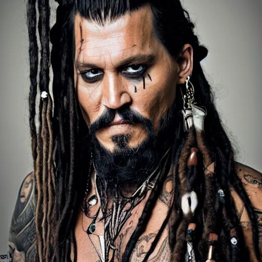 Image similar to portrait of johnny depp as khal drogo from games of thrones, mascular, broad shoulder, very long hair, long beard with dreadlocks, tattooed body, six packs, symmetrical, nikon 3 5 mm photography, ultrarealistic