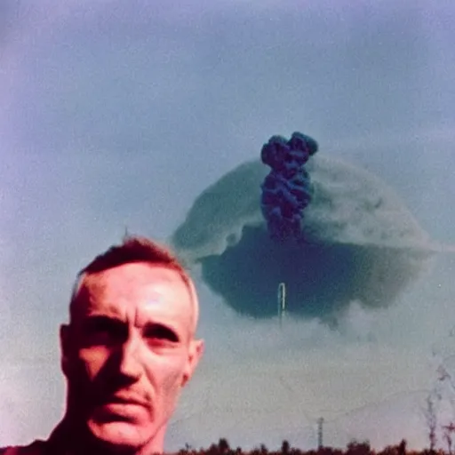 Image similar to last human selfie, horror color photo selfie, nuclear explosion in background