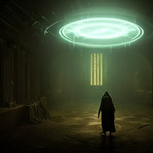 Image similar to techno-wizard, lightening, cyberpunk, occult, dark, summoning ritual, dungeon, photo realistic, Cinematic lighting, cinematic composition, foggy, dark atmosphere, 8k