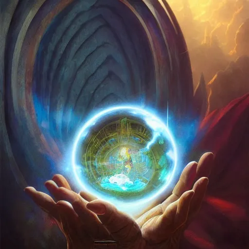 Image similar to the creator of worlds wearing a cloak and holding a holographic planet projection in his hand, detailed, sci - fi, digital painting, artstation, sharp focus, illustration, ominous, artgerm, tomasz alen kopera, peter mohrbacher, donato giancola, joseph christian leyendecker, wlop, frank frazetta