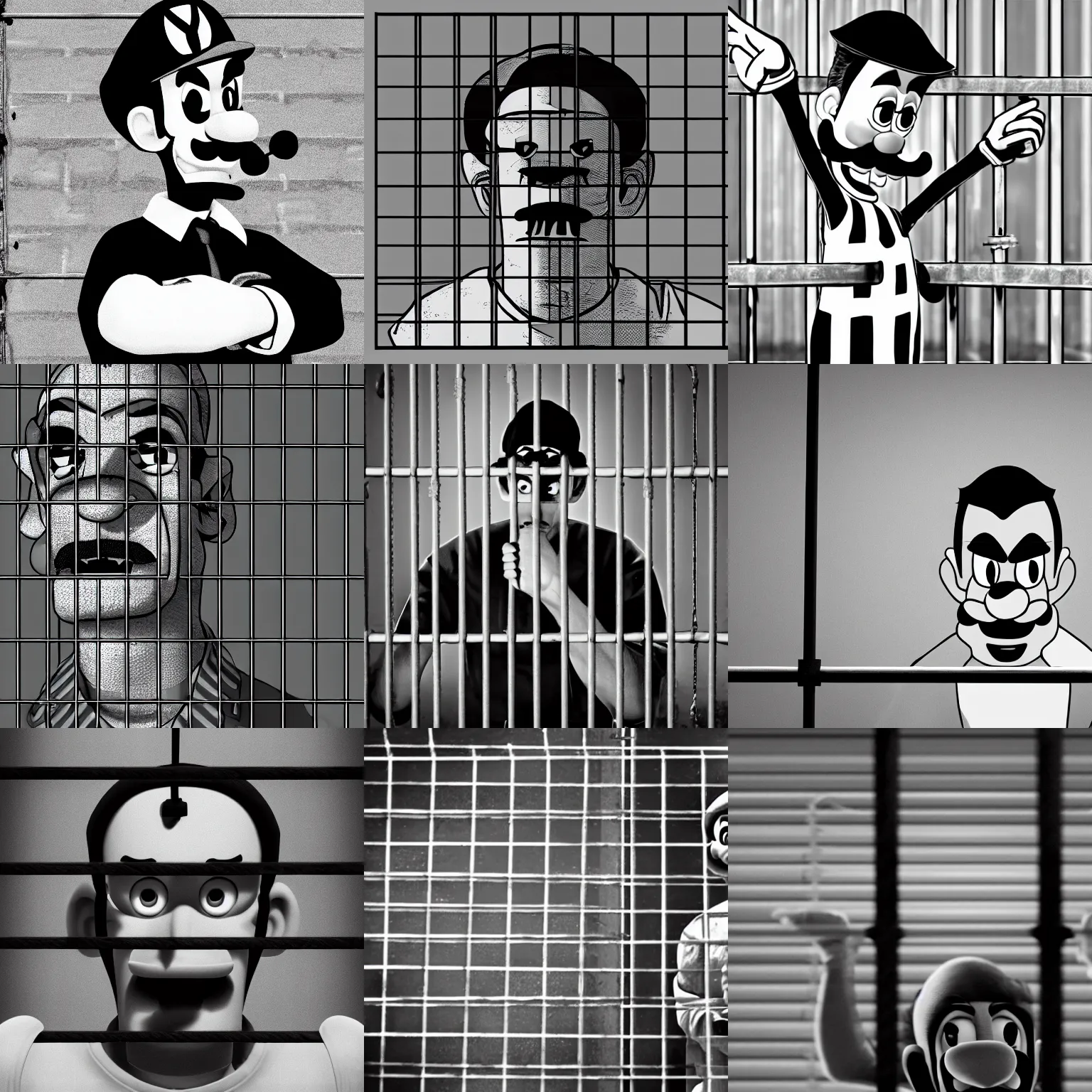 Prompt: Waluigi as a prison inmate behind bars, cinematic lighting, black and white