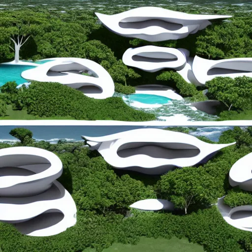 Image similar to evolving fractal, flowing white architectural Villa, futuristic 3D vorono pattern, clay, perforated, lush botanical trees, prairie landscaping, sunrise ,illuminated pool, fluffy clouds