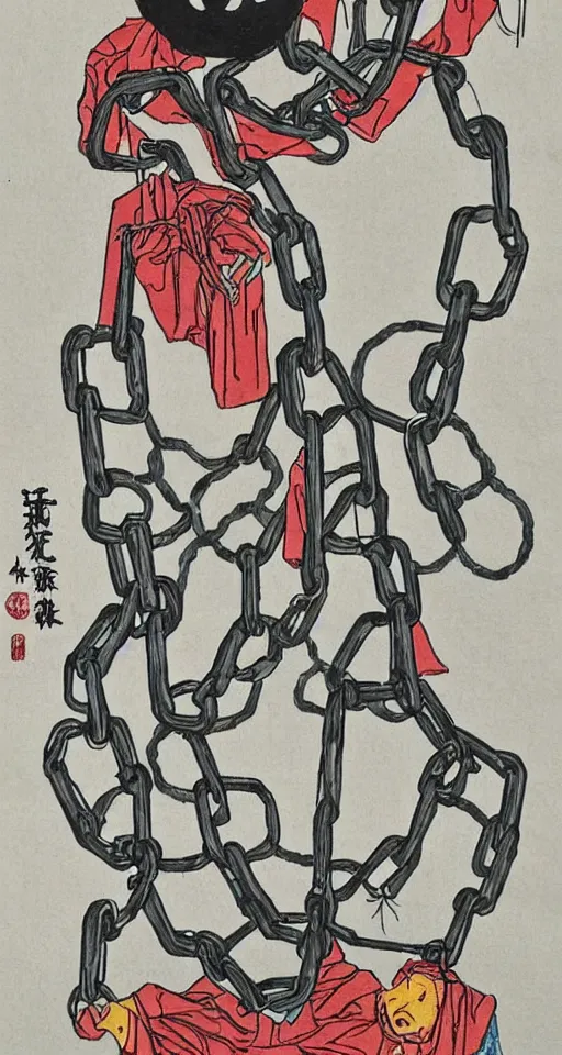 Image similar to a robot hanging by chains upside down peacefully, beautiful Coloured Japanese ink painting inspired by the hanged man tarot card, sharp lines