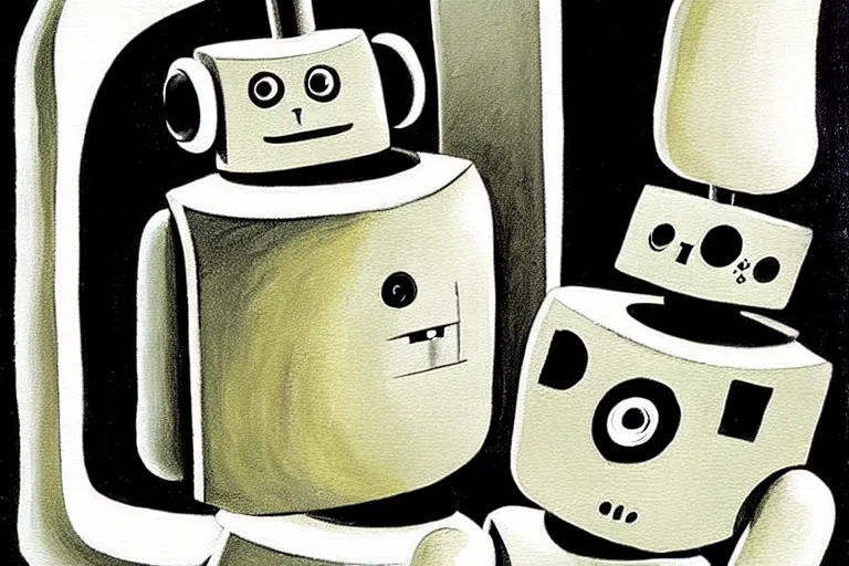 Prompt: a cute little robots painting by charles addams