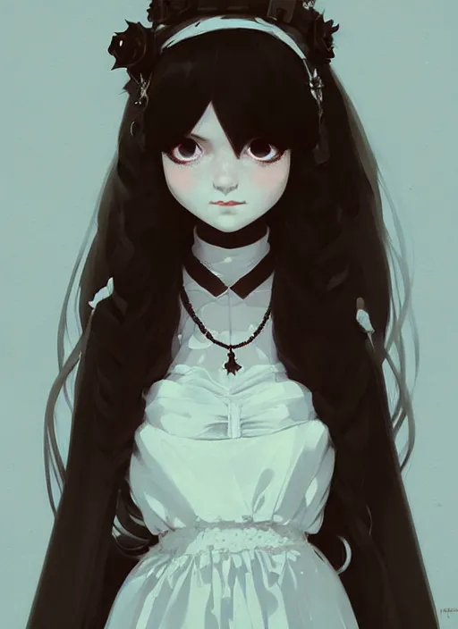 Prompt: highly detailed portrait of gothic lolita in a white dress, dark mood, by atey ghailan, by greg rutkowski, by greg tocchini, by james gilleard, by joe fenton, by kaethe butcher, gradient light blue, brown, blonde cream and white color scheme, grunge aesthetic