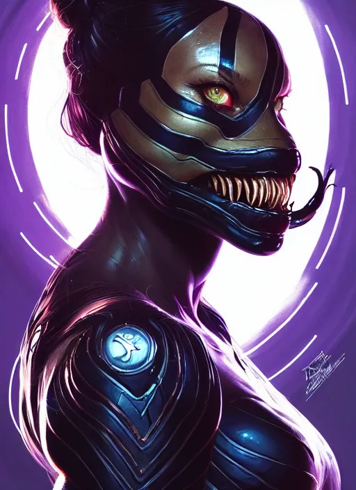 Image similar to portrait of apex legends, venom megan fox, intricate, elegant, glowing lights, highly detailed, digital painting, artstation, glamor pose, concept art, smooth, sharp focus, illustration, art by artgerm and greg rutkowski, artey freytag