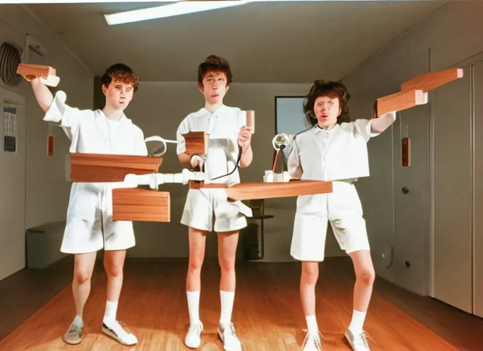 Image similar to realistic photo of a three young scientists wearing white shorts, cone heads, casting a levitating thunderbolt, in a spacious living room sci - fi laboratory with many wooden gadgets made of wood interior is made of wood 1 9 9 0, life magazine reportage photo, natural colors