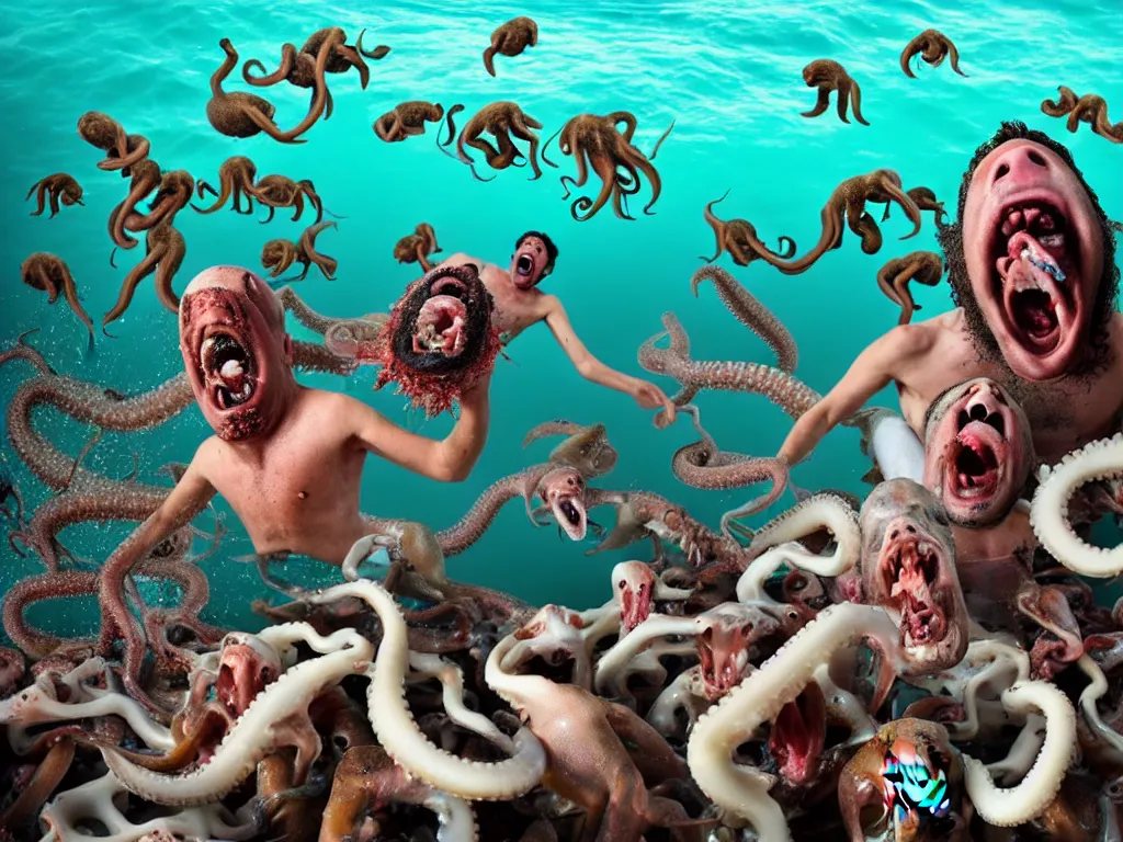 Prompt: a photograph of a screaming man in the ocean swarmed by squids, dogs, baboons, and squirrels, the man's mouth is stuffed with bones and the water foams all over the gaff