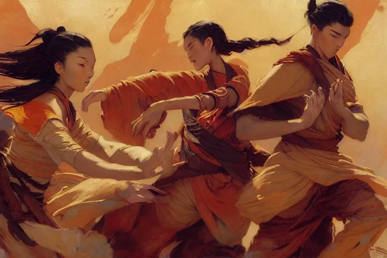 Image similar to airbending nomads from avatar the last airbender, painting by gaston bussiere, craig mullins, j. c. leyendecker