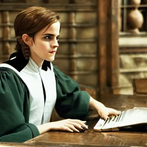 Prompt: Photo of Emma Watson using a computer next to Professor McGonagall in Hogwarts