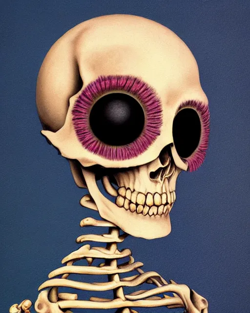 Image similar to a surrealistic head and shoulder painting of a gorgeous female skeleton with cat eyeballs and lipstick, in the style of rene magritte and mark ryden, digital art, detailed masterpiece