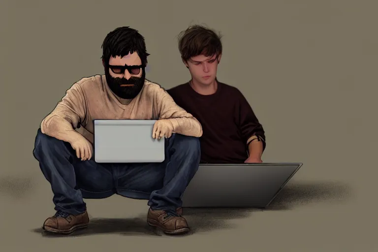 Prompt: hangover man sitting with laptop and sad crying kid staying near the man. high detail, trending on artstation