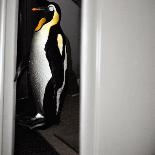 Prompt: grainy photo of a penguin as a creepy monster in a closet, harsh flash