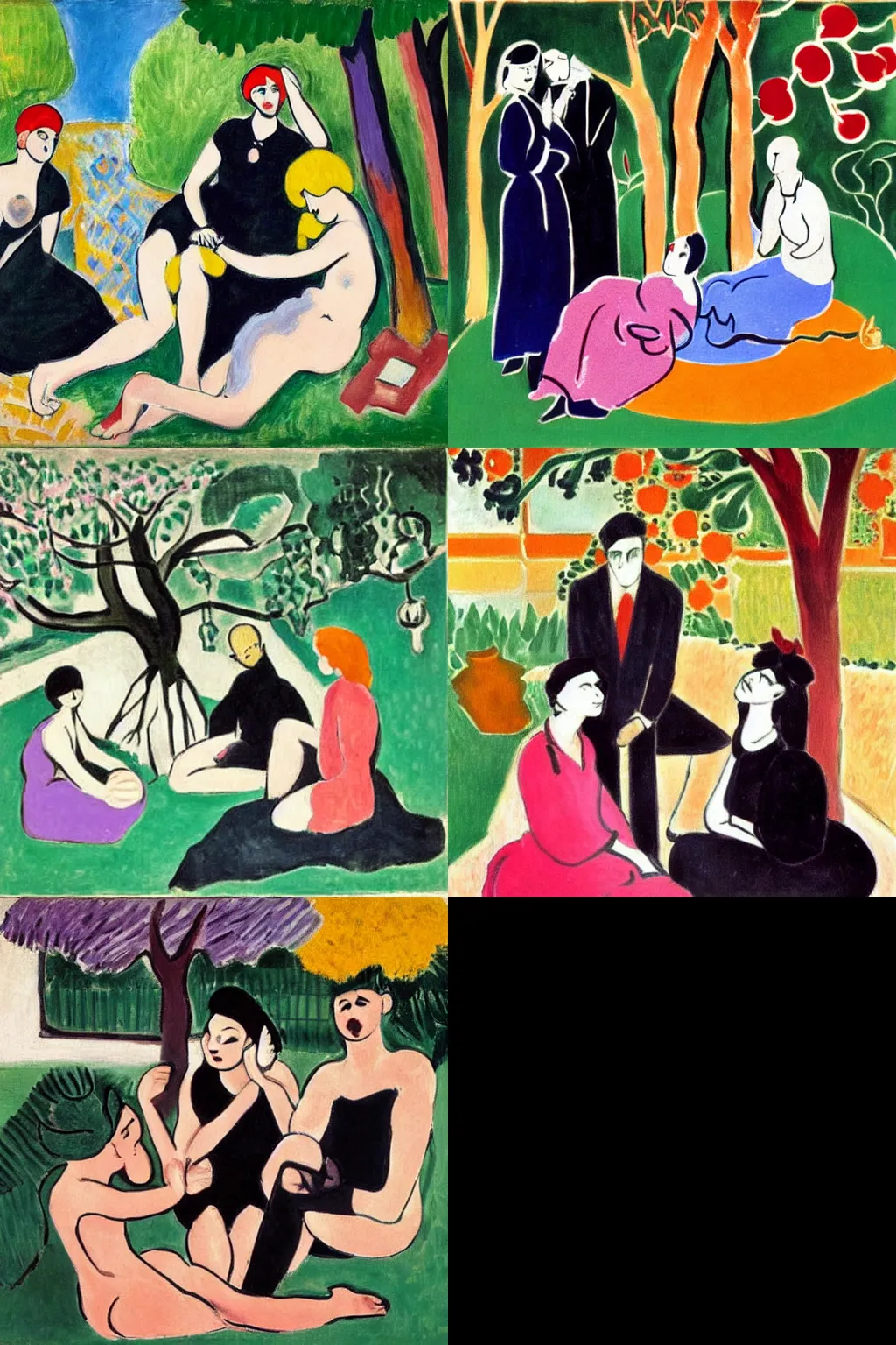 Prompt: an hd painting by henri matisse. three goths loitering in the shade, talking beneath a cherry tree outside a blockbuster video store.