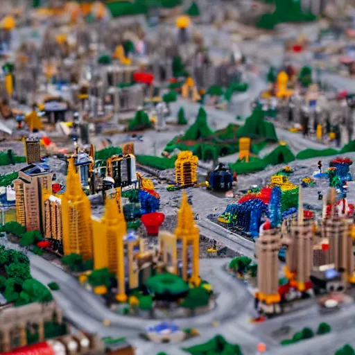 Image similar to a large scale city made of legos, 3 5 mm, shallow depth of field, diorama, 4 k