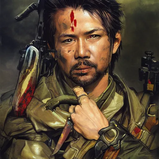 Prompt: portrait of a hero holding his sword in front of his face by yoji shinkawa, high quality, extra details, realism, ornate, colored, golden chain, blood, white skin, short hair, brown eyes, vivid, sunlight, dynamic, american man, freedom, white american soldier, painting, futurist, military, forest scenery