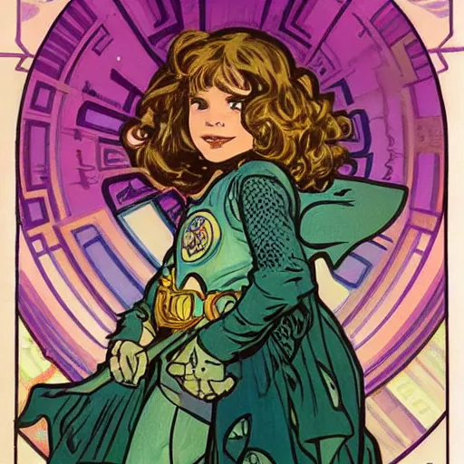 Image similar to a little girl with a mischievous face and short wavy curly brown hair. she is dressed as a knight. well composed, clean elegant painting, beautiful detailed face. comic book art by steve ditko and jack kirby and alphonse mucha