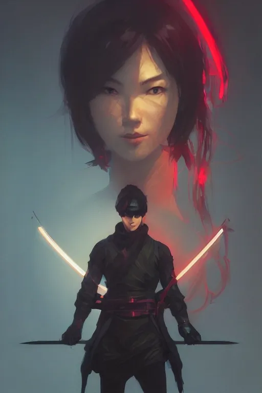 Image similar to portrait of ninja slayer, japan, neon lighting, night city, digital art from artstation by Ruan Jia and Mandy Jurgens and Artgerm and william-adolphe bouguereau and Greg Rutkowski