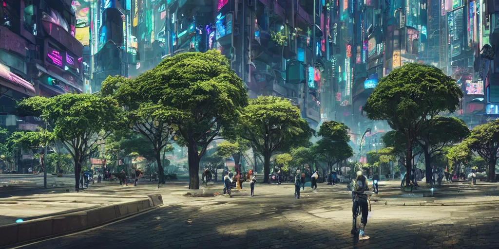 Image similar to professional photo from the streets of a futuristic utopian cyberpunk thriving city full of botanical gardens, floral, advanced economy, tree varieties, 4k, highly detailed, Unreal Engine, ray trace, octane render