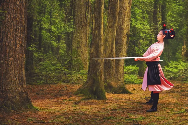 Image similar to beautiful photo of a young modern geisha samurai practising the sword in a forest, mid action swing, symmetrical face, beautiful eyes, huge oversized sword, award winning photo, muted pastels, action photography, 1 / 1 2 5 shutter speed, dramatic lighting, anime set style