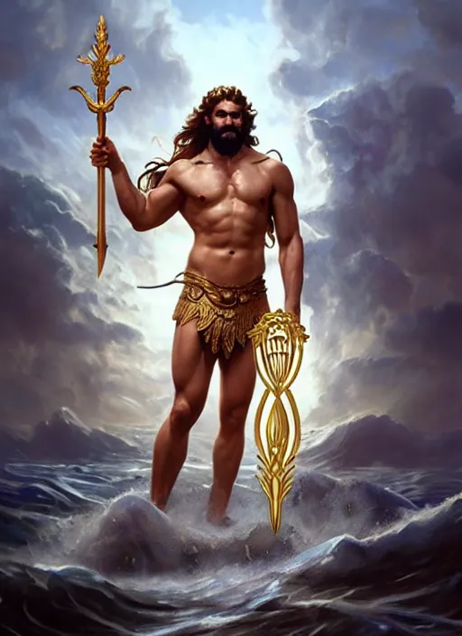 Image similar to Poseidon the God of Sea holding a golden trident, upper body, realistic photo, masculine, Greek God, D&D, fantasy, intricate, cinematic lighting, highly detailed, digital painting, artstation, concept art, smooth, sharp focus, illustration, art by Artgerm and Greg Rutkowski and Alphonse Mucha