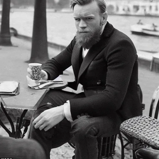 Image similar to mcgregor is dressed as a gentleman at early 2 0 th century paris. he is having a coffee at the banks of river seine. ewan mcgregor has a coffee cup on his hand. next to him is a small brown cat with yellow glowing eyes, by jack kirby