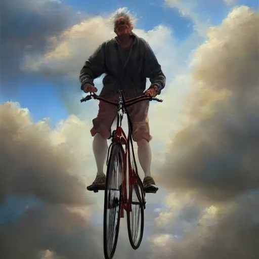 Image similar to A man riding his bicycle through the clouds in the sky, evokes feelings of wonder and amazement, an expressive oil painting by Wes Wilson and Krenz Cushart