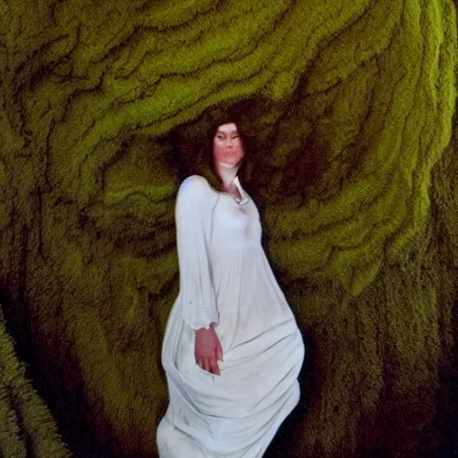 Image similar to dark and moody 1 9 7 0's artistic spaghetti western film in color, a woman in a giant billowy wide long flowing waving dress made out of white sea foam, standing inside a green mossy irish rocky scenic landscape, crashing waves and sea foam, volumetric lighting, backlit, moody, atmospheric