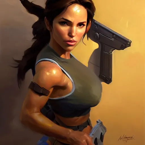 Image similar to Greg Manchess portrait painting of Lara Croft as Overwatch character, medium shot, asymmetrical, profile picture, Organic Painting, sunny day, Matte Painting, bold shapes, hard edges, street art, trending on artstation, by Huang Guangjian and Gil Elvgren and Sachin Teng