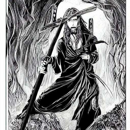 Image similar to attractive 22 year old Jared Leto golden Vagabond magic swordsman glides through a beautiful battlefield magic the gathering dramatic esoteric!!!!!! pen and ink!!!!! illustrated in high detail!!!!!!!! by Hiroya Oku!!!!! Written by Wes Anderson graphic novel published on shonen jump 2002 award winning!!!!