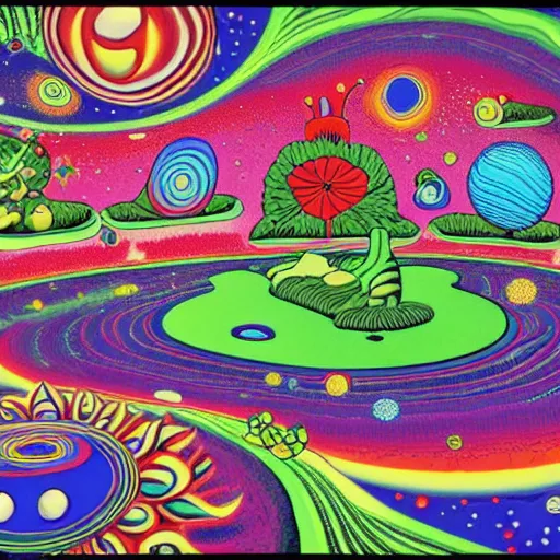 Image similar to psychedelic trippy couch in the lush forest, planets, flowers, mushrooms milky way, sofa, cartoon by carl barks