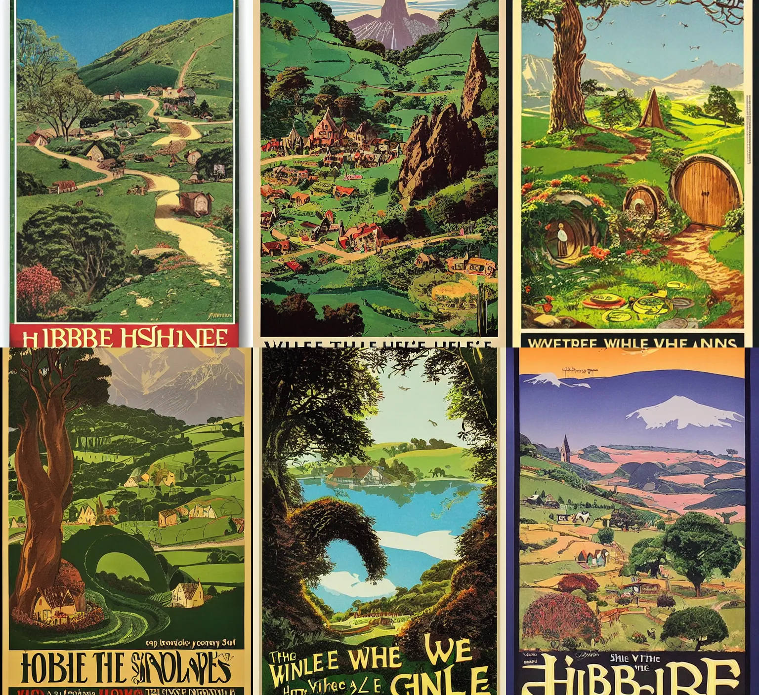 Prompt: Vintage travel poster for The Shire, 'Where the Hobbits Live'