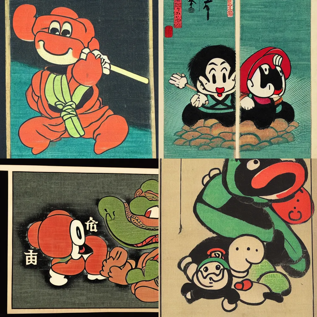 Prompt: Japanese woodblock art of Yoshi and Goombas, 1600CE